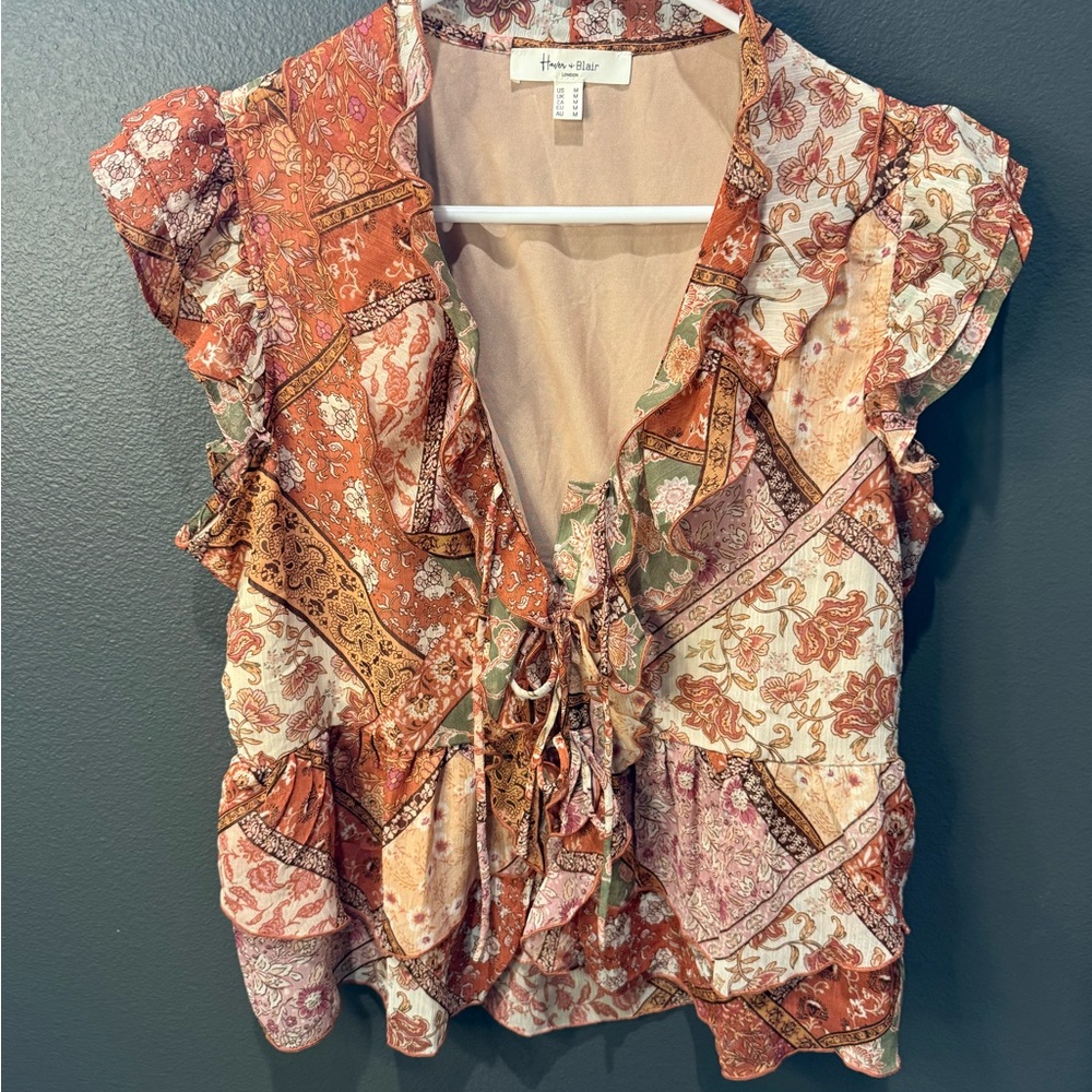 Tie-Front Ruffle Patchwork Blouse in Rust Multi